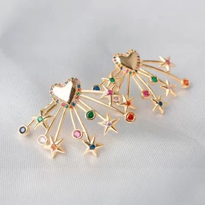 Brinco coração com raios coloridos